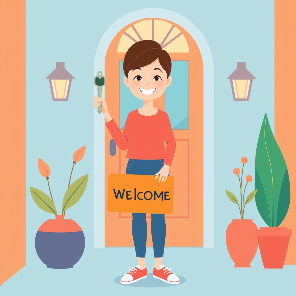 A person holding a house key at a welcoming front door